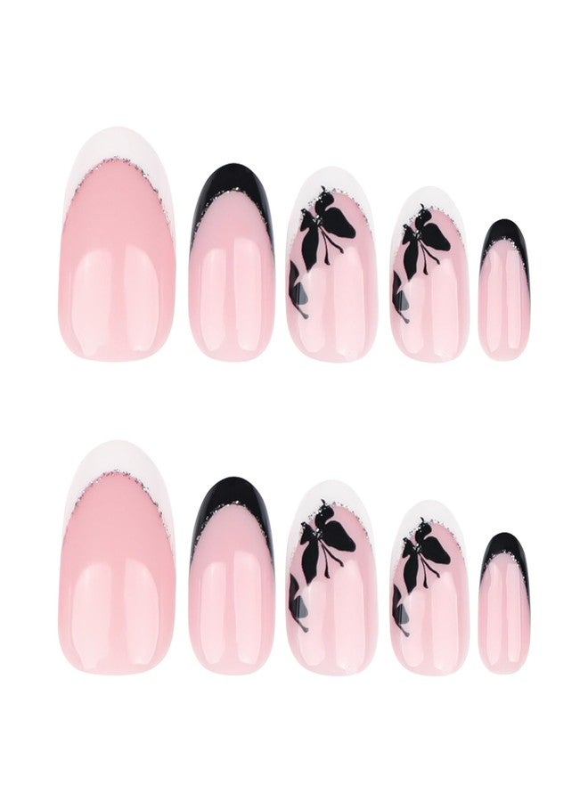 OCOUYVD French Tip Press on Nails Short Oval Fake Nails with White Black Butterfly Design Almond False Nails Sparkling Tips Glue on Nails Acrylic Artificial Stick on Nails Kit for Women Girls 24Pcs - Image 2